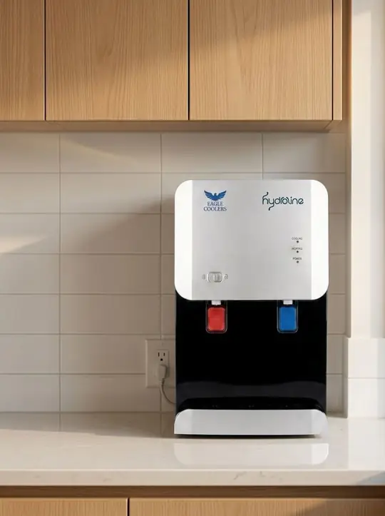 Dispenser Hydroline de sobremesa en una cocina de madera clara