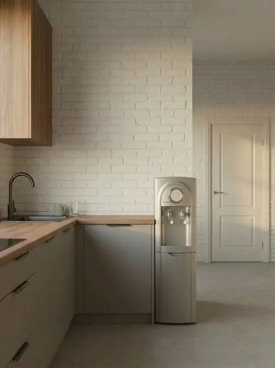 Dispenser Hydroline de pie en una cocina con ladrillo blanco