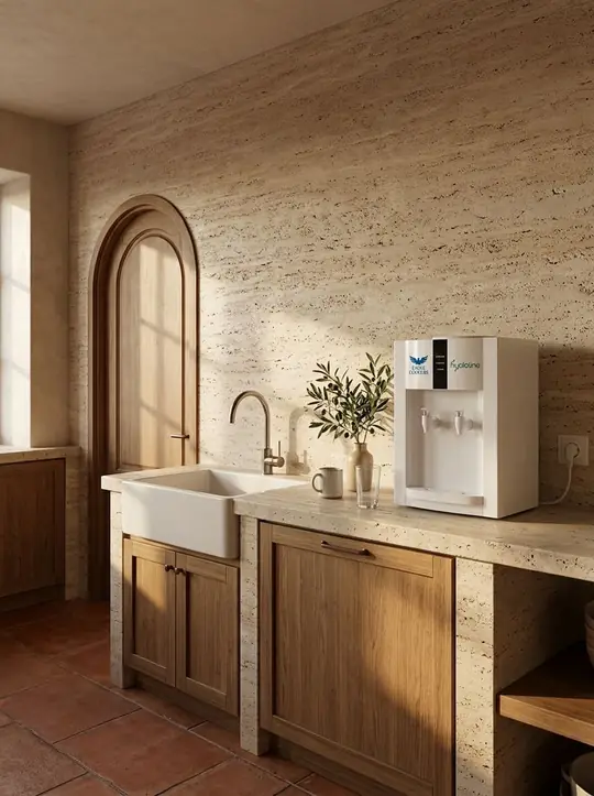 Dispenser Hydroline de sobremesa en una cocina de estilo rústico