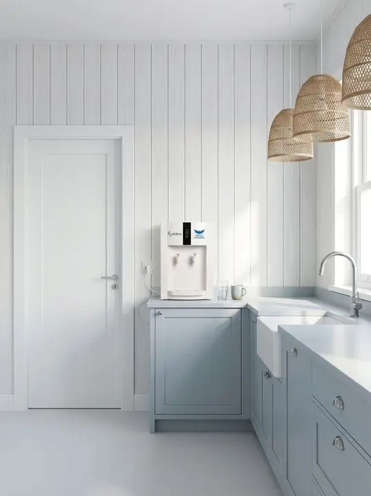 Dispenser Hydroline de sobremesa en una cocina azul y blanca